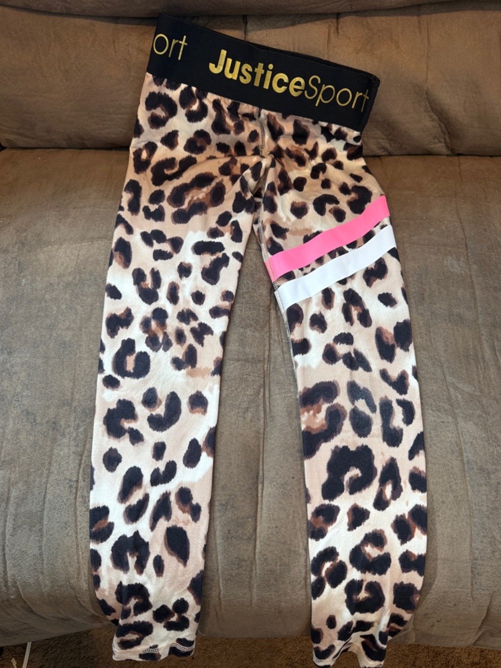 Justice Leopard Print Leggings with Pink and White Stripe